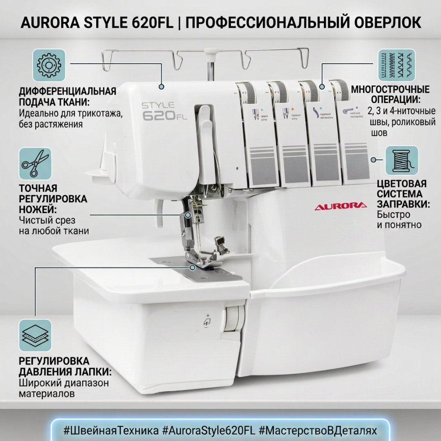 Оверлок Aurora Style 620FL — швейная техника